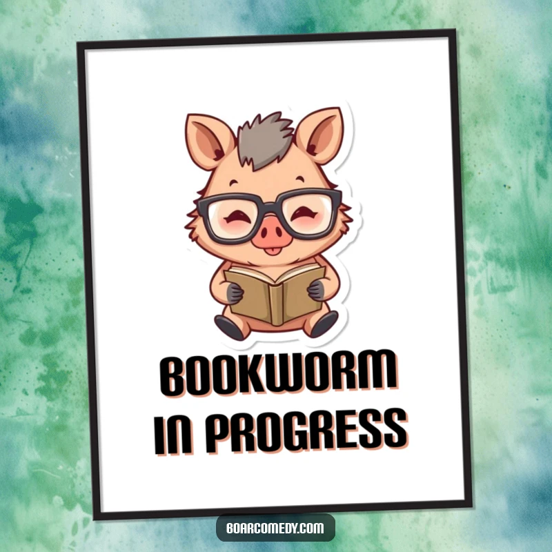 Funny poster print of a happy boar character wearing oversized glasses, intently reading a very tiny book.
