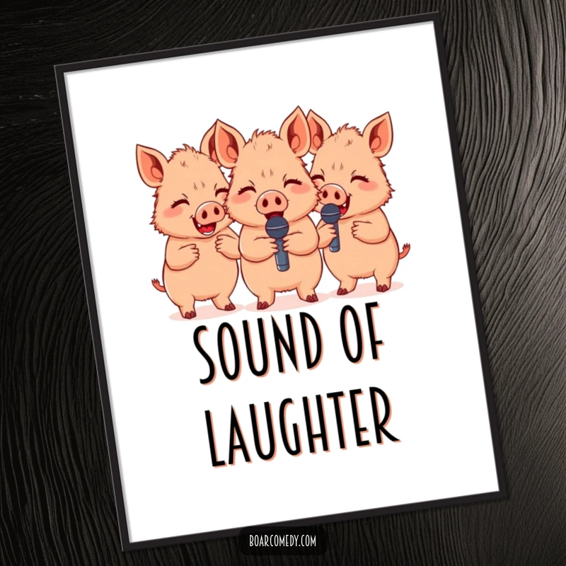 Funny group of three cute boars giggling with tiny microphones, creating a humorous and entertaining piece of wall art.