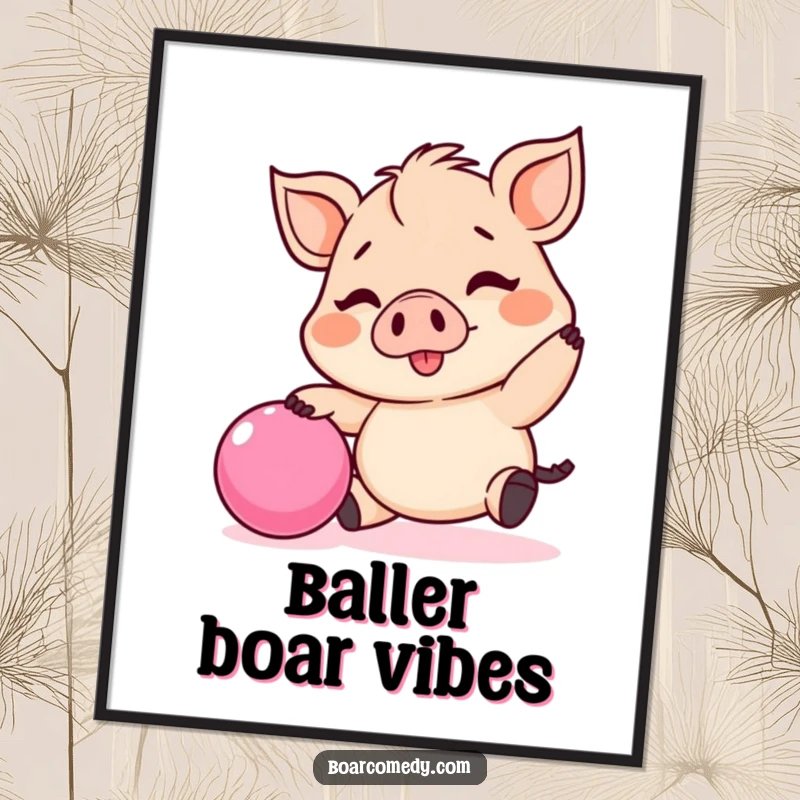 Funny Kawaii boar poster, a small, joyful boar enthusiastically bouncing a pink ball in a lively illustration.