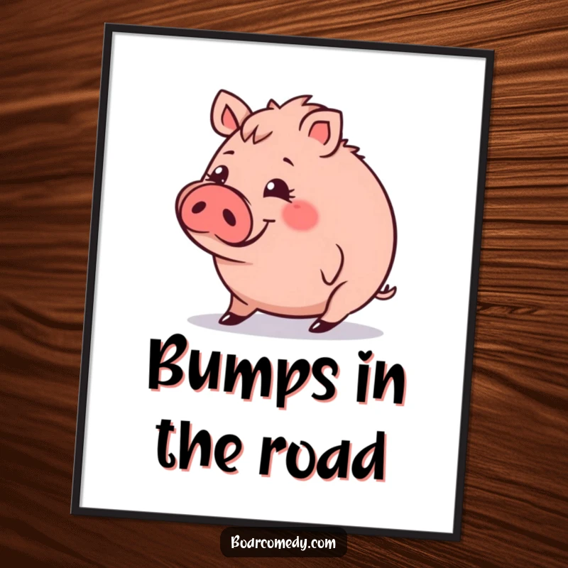 Funny Poster: Round boar character with a funny expression, tripping slightly off-balance, a humorous and charming wall art.