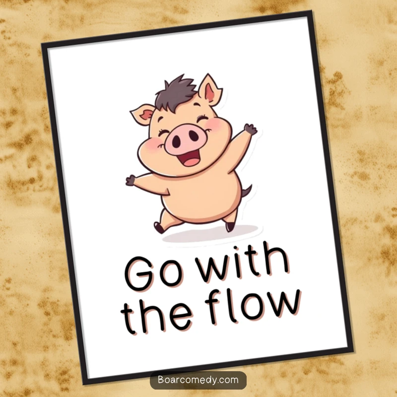 Funny poster depicting a cheerful, plump boar character being swept along by a powerful gust of wind, its ecstatic grin infectious.