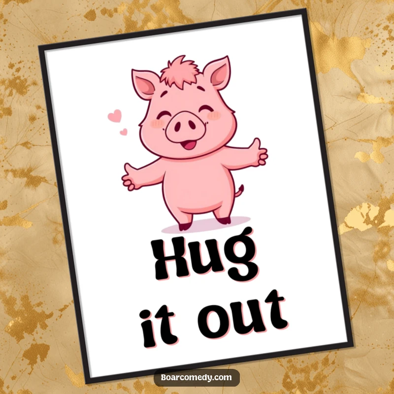 Funny Poster: Pink, smiling boar character with arms outstretched, ready to hug, radiating warmth and pure joy.