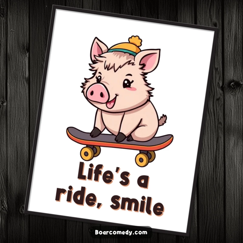 Funny Poster: Cheerful boar wearing a tiny hat, confidently riding a skateboard, capturing a moment of pure, humorous joy.