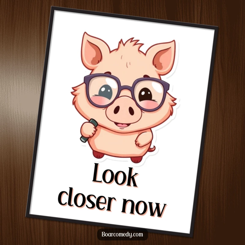 Funny poster artwork of a smiling boar wearing oversized glasses and holding a magnifying glass, with a curious look.