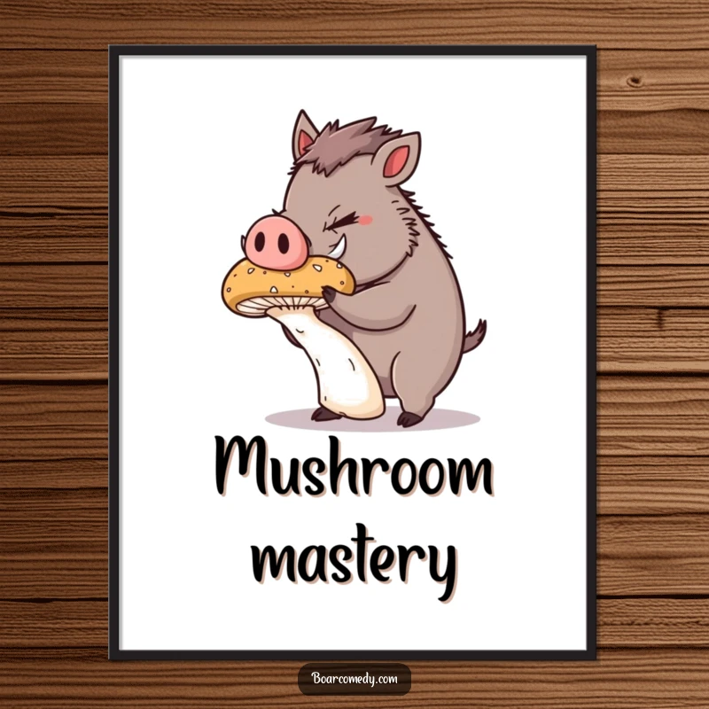 Funny Poster: Cute, plump boar with intense concentration, balancing a large, wobbling mushroom on its snout, showcasing dedication.