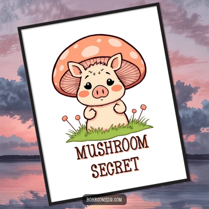 Funny blushing, surprised boar character peeking shyly from behind a large, colorful striped mushroom, presented as a charming wall poster.