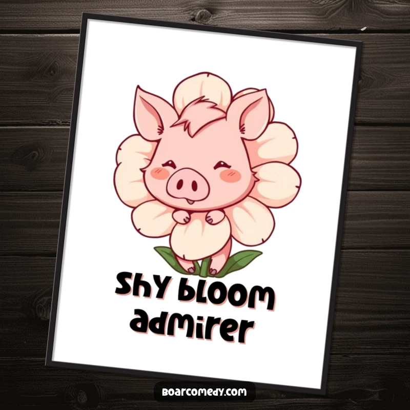 Funny Poster: Shy, blushing boar peeking from behind a large, animated flower with a sweet, bashful smile, adding charm.