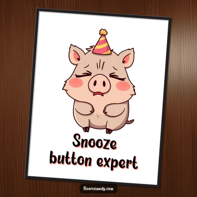 Funny poster print of a very sleepy boar character in the midst of a comical yawn, wearing a tilted party hat.