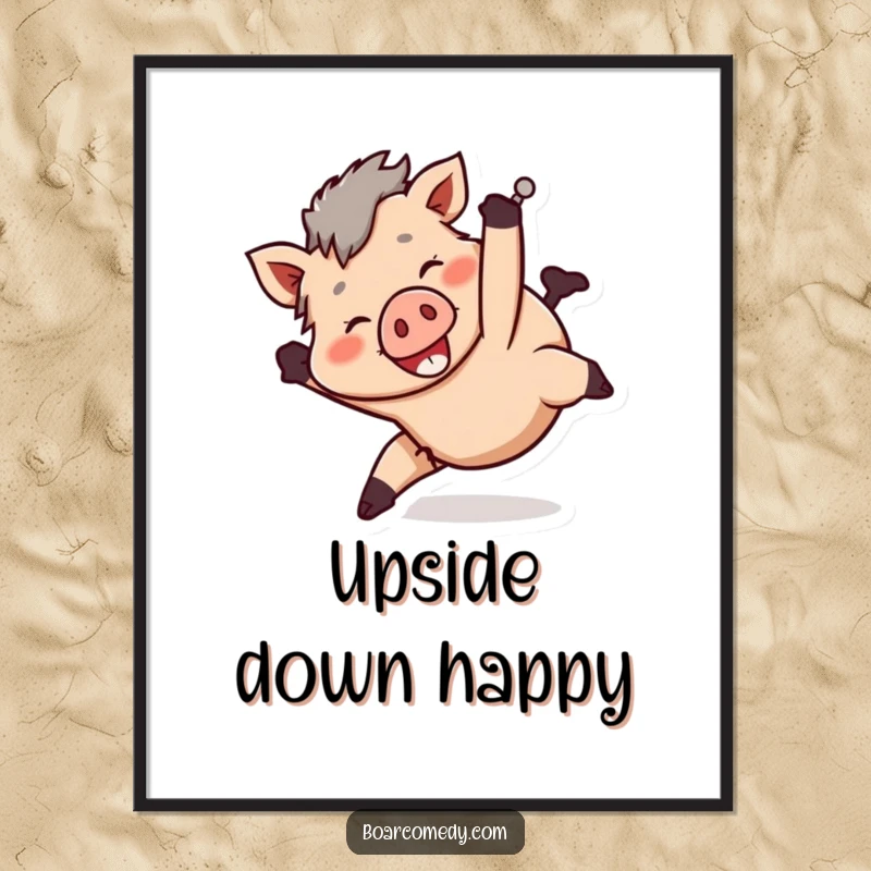 Funny smiling boar character tumbling head over heels in a playful manner, as a wall art poster.