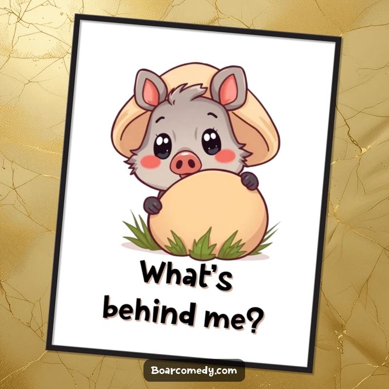 Funny Kawaii Boar Poster with wide, curious eyes, peeking adorably from behind a large, detailed mushroom, evoking wonder.