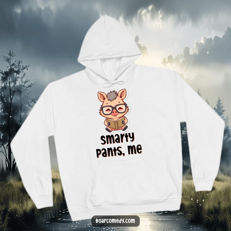 Funny hoodie featuring a happy boar character with oversized glasses, absorbed in reading a small book.