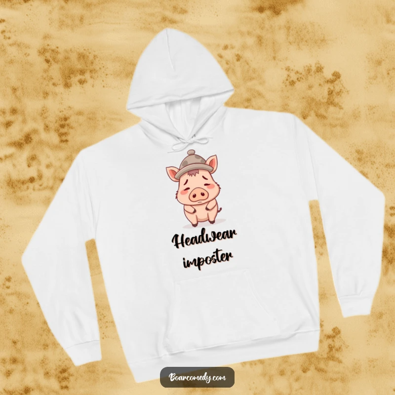 Funny hoodie featuring a confused boar character sporting an oversized tiny hat, offering cozy and comical headwear humor.