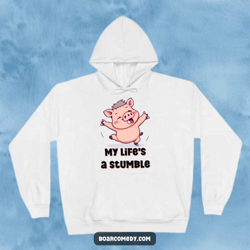 Funny Kawaii Boar Hoodie: A kawaii boar is comically tripping, its arms flailing in a chaotic yet adorable manner.