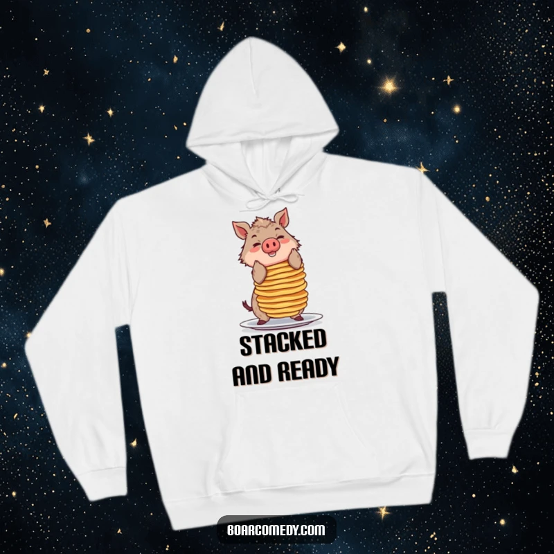 Funny hoodie featuring a smiling boar character attempting to balance a towering stack of pancakes, bringing cozy breakfast humor.
