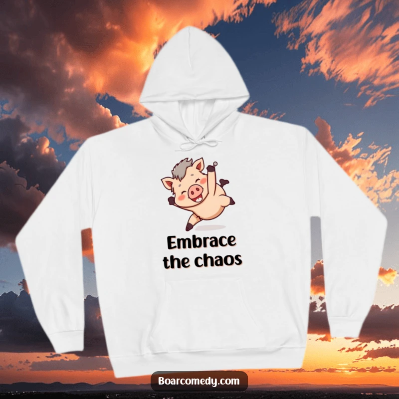 Funny smiling boar character tumbling head over heels in a playful manner, featured on a hoodie.
