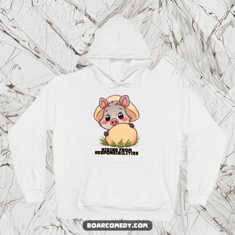 Funny Kawaii Boar Hoodie, peeking from behind a large mushroom with wide, innocent eyes, offering a sense of playful discovery.