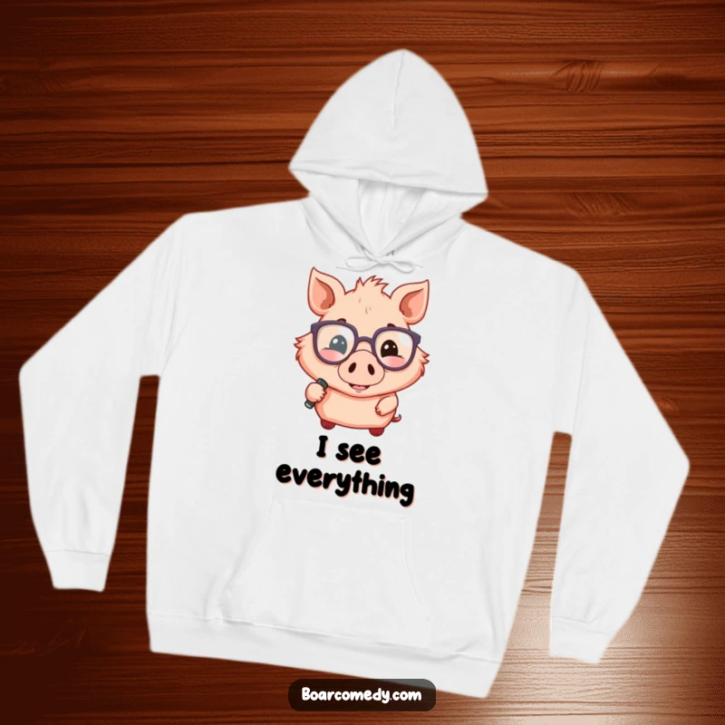 Funny cozy hoodie featuring a smiling boar in oversized glasses, holding a magnifying glass, perfect for thinkers.