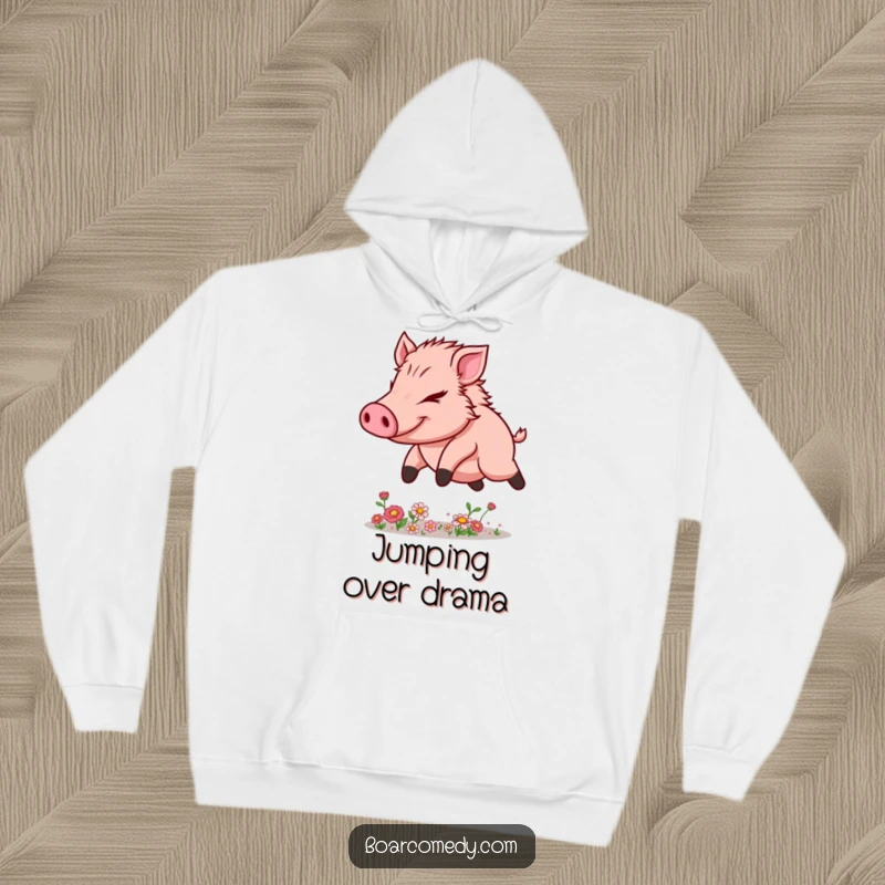 Funny Kawaii Boar Hoodie, exuding determination while leaping over small floral obstacles, embodying strength and agility.