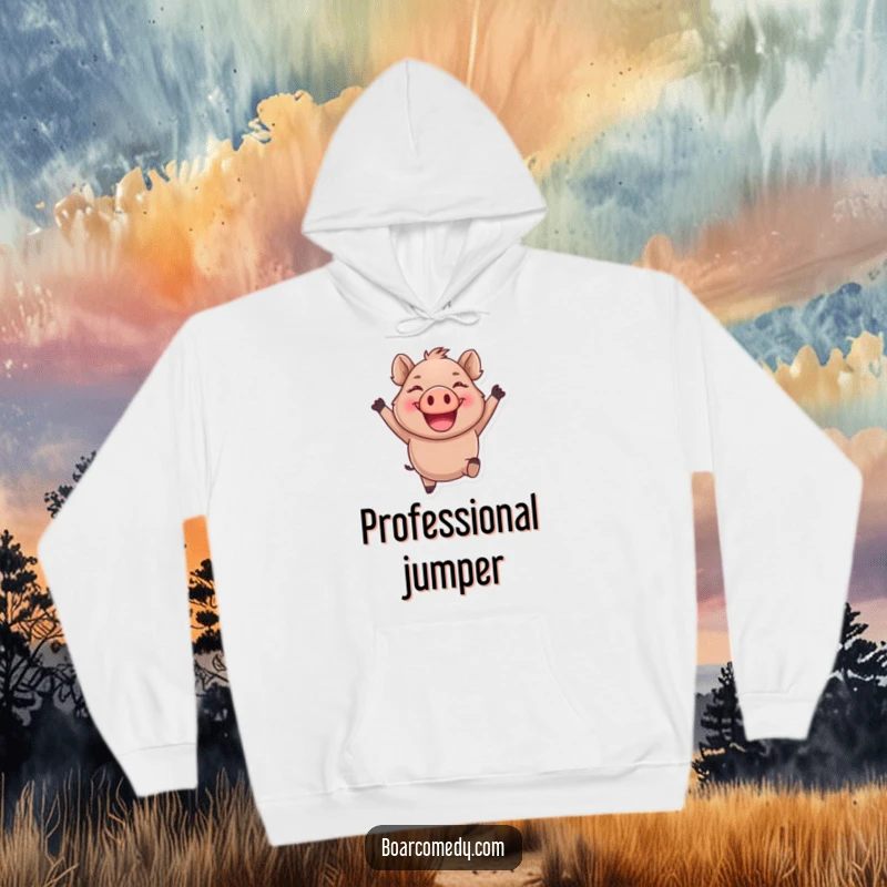 Funny round boar character leaping joyfully with a giant smile, on a warm and cozy hoodie.