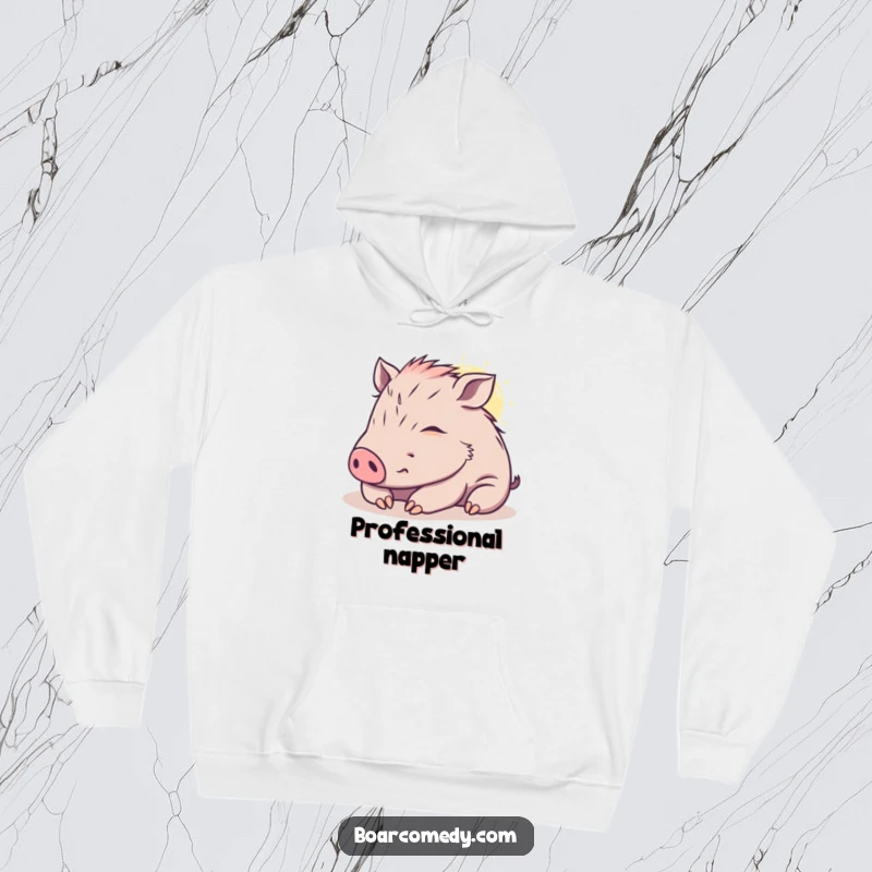 Funny kawaii boar hoodie, showing a content boar napping peacefully in a sunbeam, embodying ultimate relaxation and comfort.