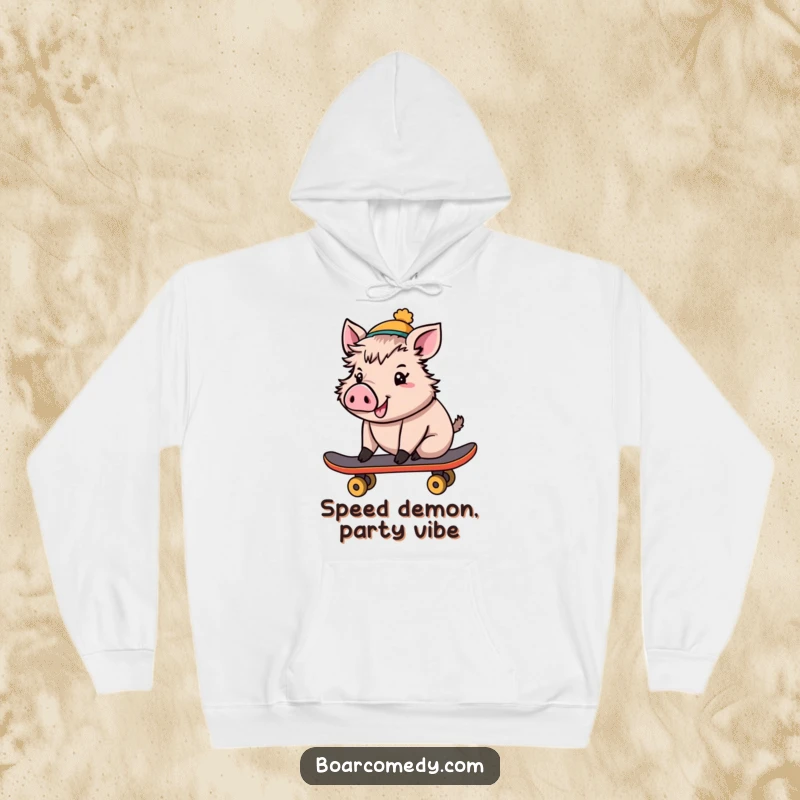Funny Hoodie: Cheerful boar wearing a tiny hat, riding a skateboard, offering warmth and radical, humorous vibes.