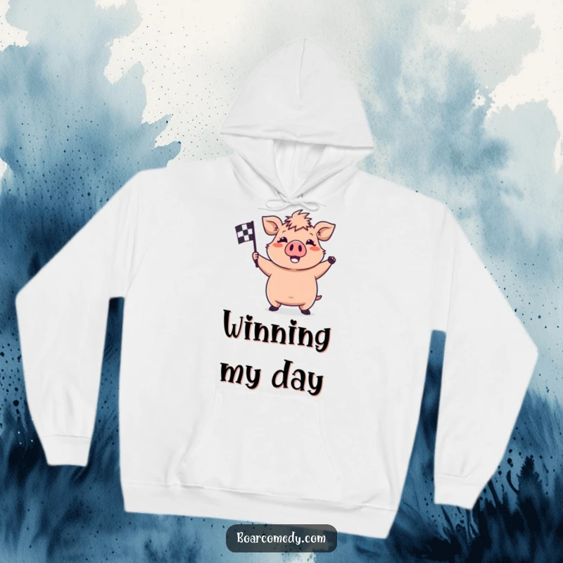 Funny kawaii boar hoodie, showing a happy boar enthusiastically waving a small checkered flag, symbolizing achievement and joy.