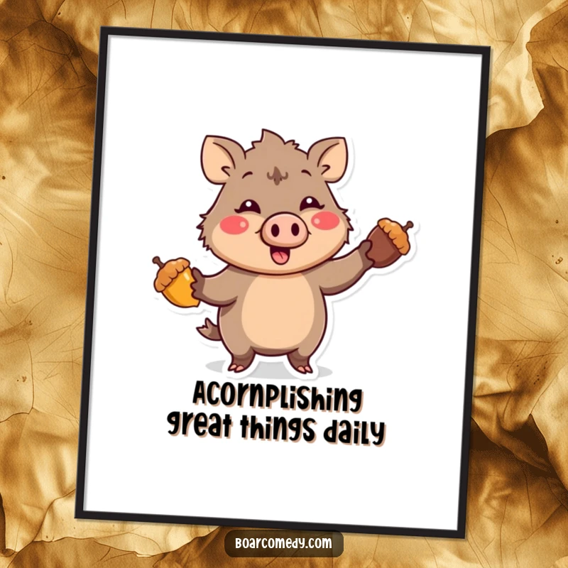 Funny Free Printable Wall Art: A kawaii boar comically juggling three colorful acorns, bringing smiles.