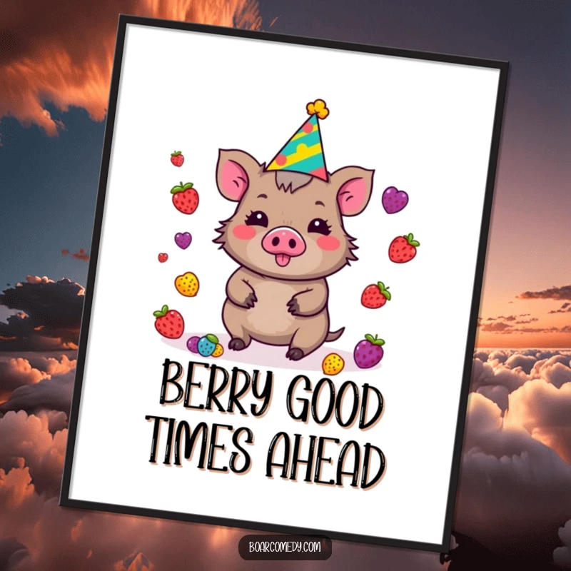 Funny Free Printable Wall Art: Kawaii boar juggles berries with a party hat, adding whimsical downloadable decor.