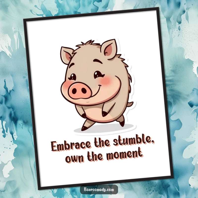 Funny Free Printable Wall Art: A small, round boar with a funny expression tripping slightly, a humorous and cute design.