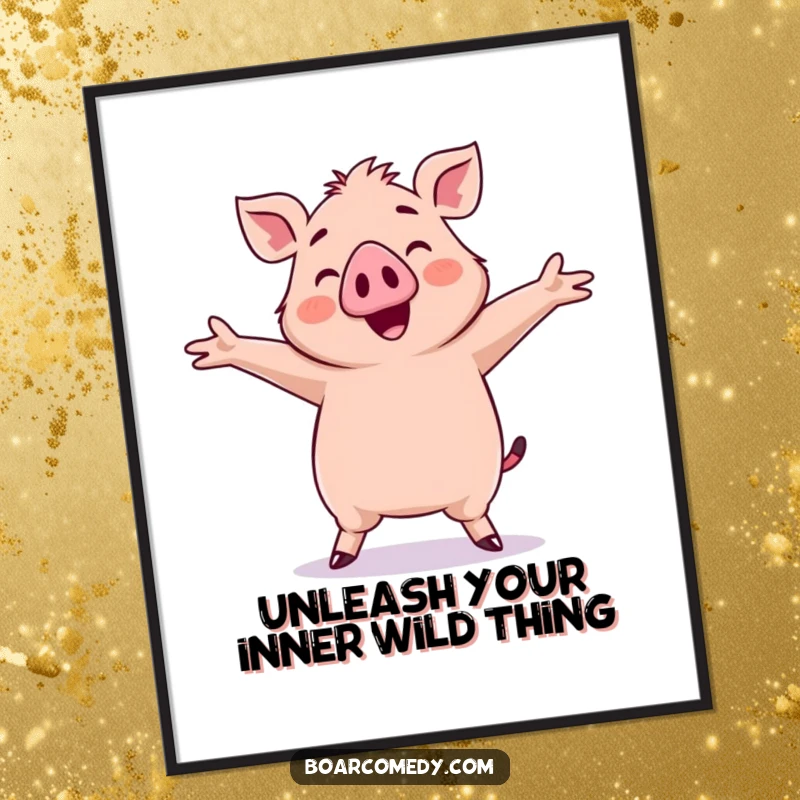 Funny Free Printable Kawaii Boar captured mid-silly dance with arms outstretched, full of playful energy.