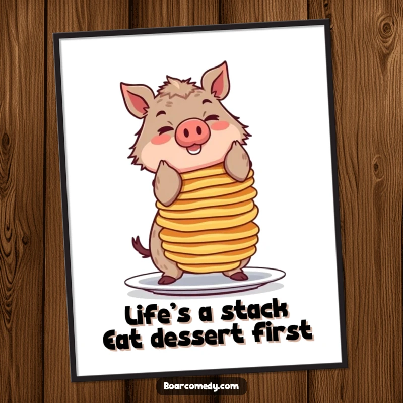 Funny Free Printable Wall Art: Smiling boar concentrates intensely while balancing a ridiculously tall stack of pancakes.