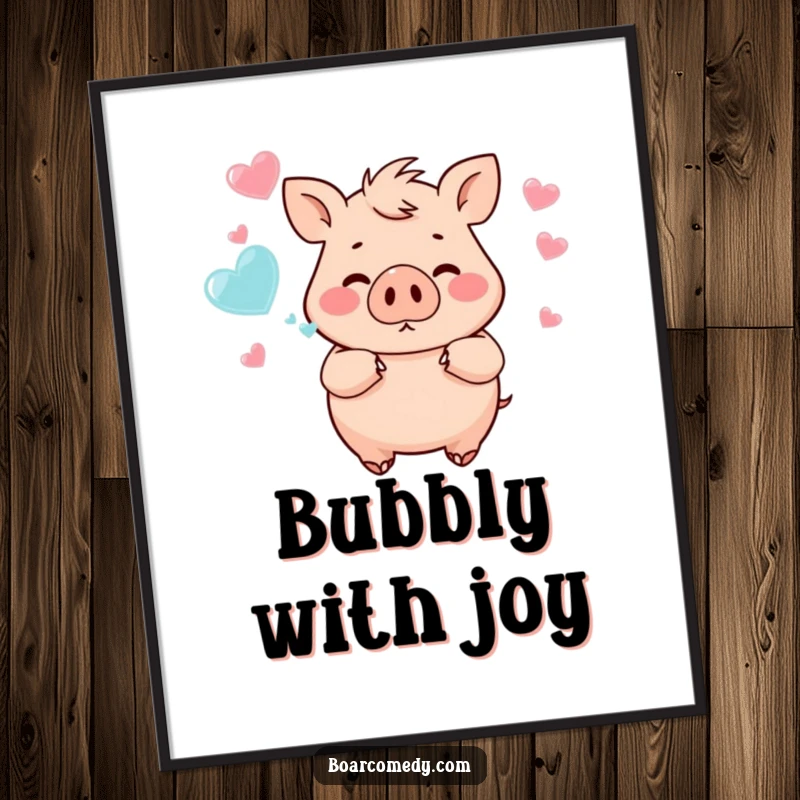Funny Free Printable Wall Art: Chubby boar character joyfully blowing a cascade of heart-shaped bubbles.