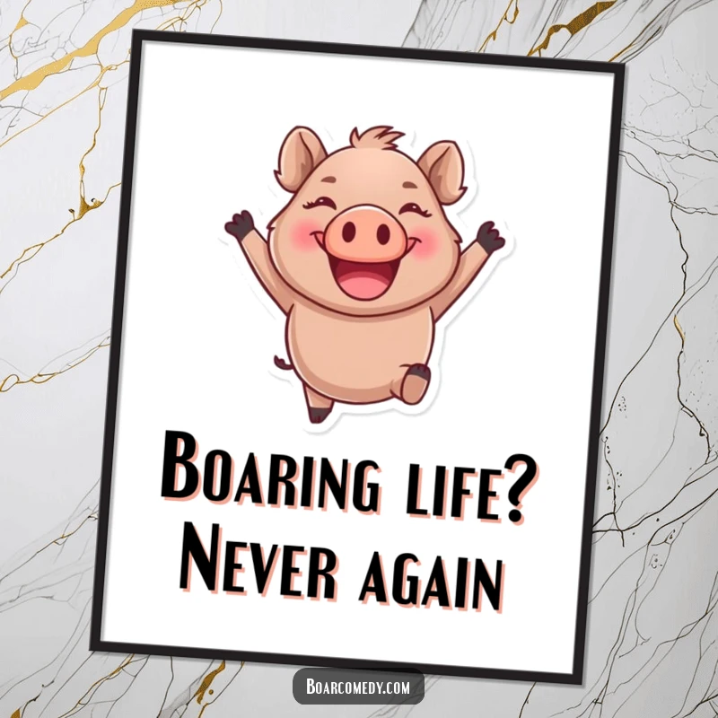 Funny Free Printable Wall Art: Round boar character leaping with a giant smile, bringing energetic fun to decor.