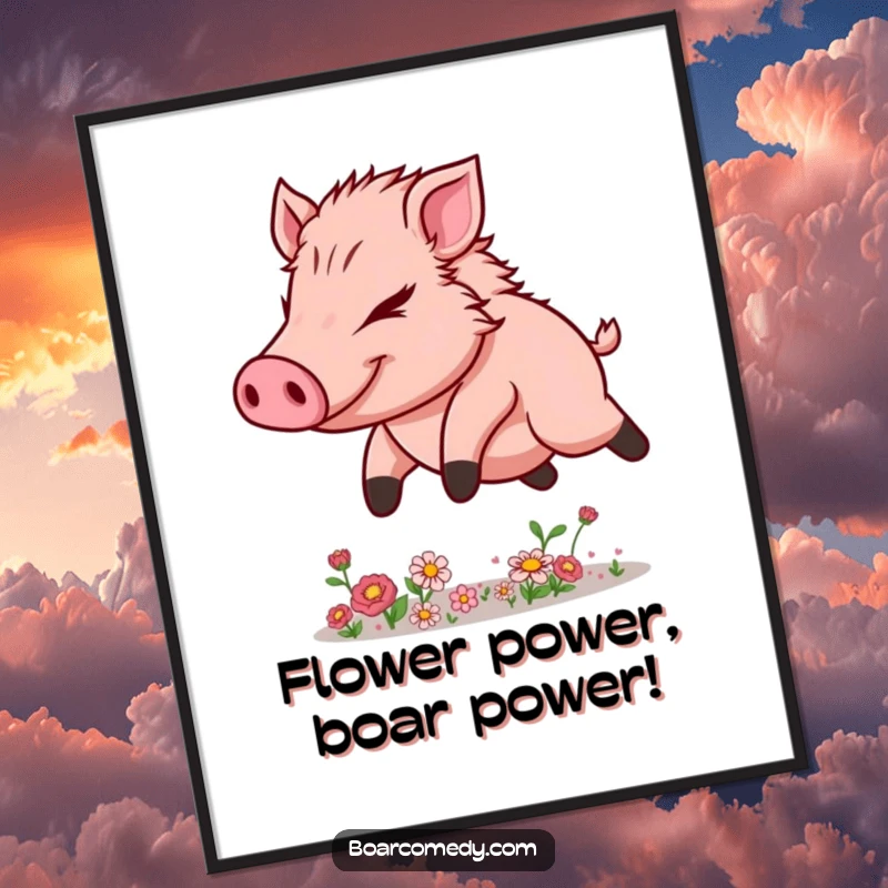 Funny Free Printable Wall Art: Determined kawaii boar leaping over flowers, energetic downloadable decor for motivation.
