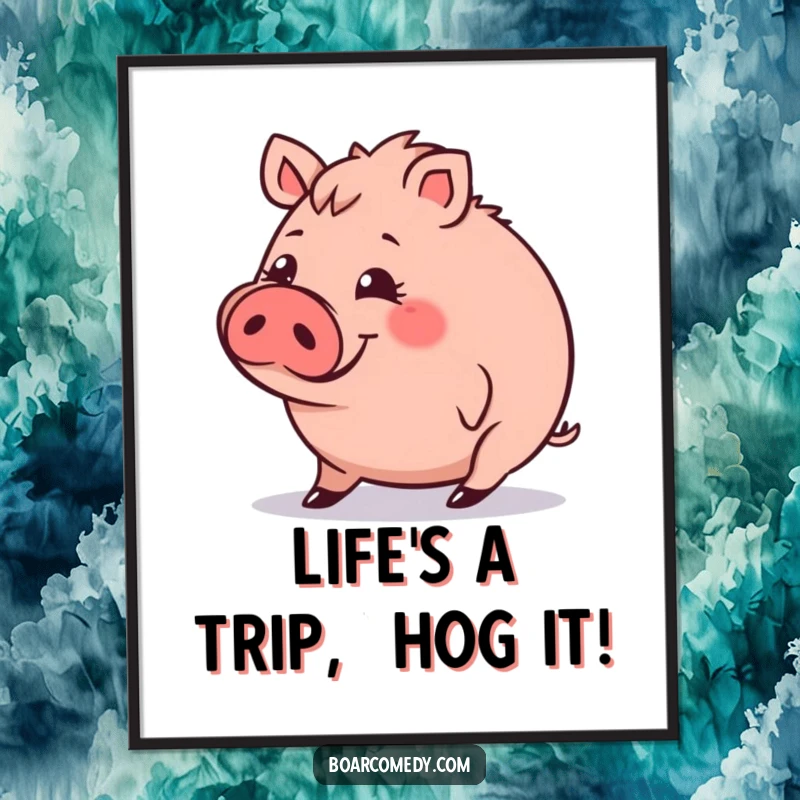 Funny Free Printable Wall Art: A small, round boar character with a funny, surprised expression, tripping slightly, bringing whimsical charm.