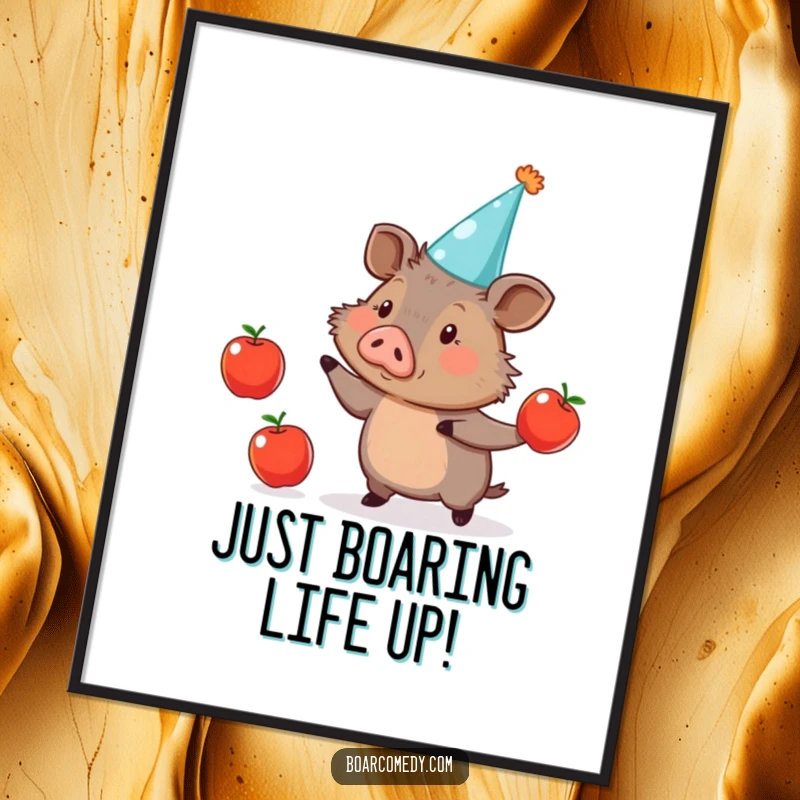 Funny Free Printable Wall Art: A cute, party-hat-wearing boar humorously juggling three shiny apples, bringing joy to any room.