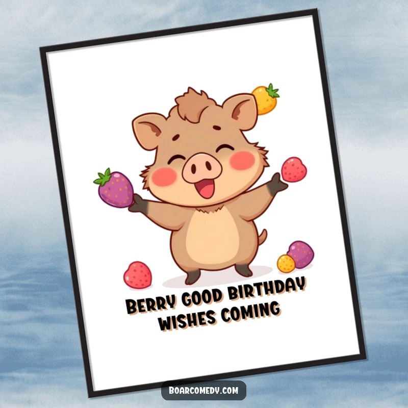 Funny Free Printable Wall Art of a small boar enthusiastically juggling colorful berries. A whimsical and hilarious downloadable art piece.