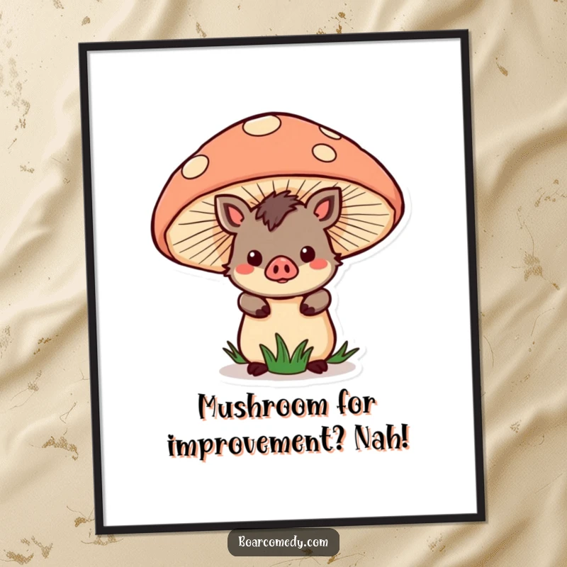 Funny Free Printable Wall Art: A kawaii boar character peeking curiously from behind a giant, vibrant mushroom, creating a playful scene.