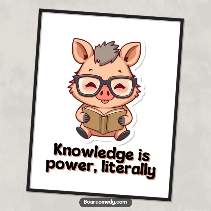 Funny Free Printable Wall Art: Happy boar character wearing large glasses, intently reading a miniature book, scholarly humor.
