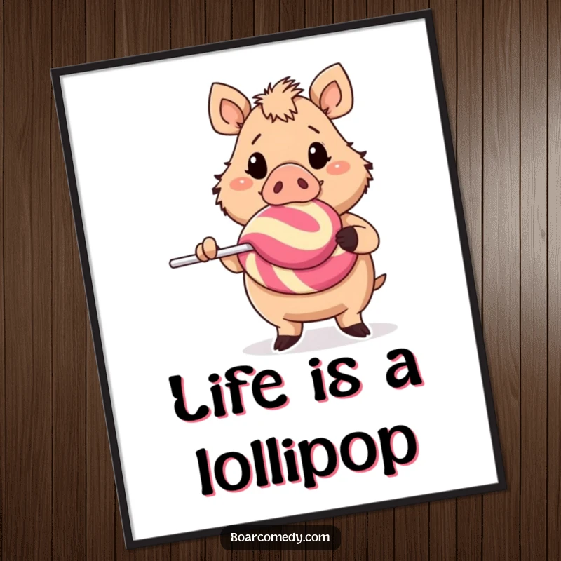 Funny Free Printable Wall Art: A cheerful boar character brandishing a comically large, colorful lollipop.