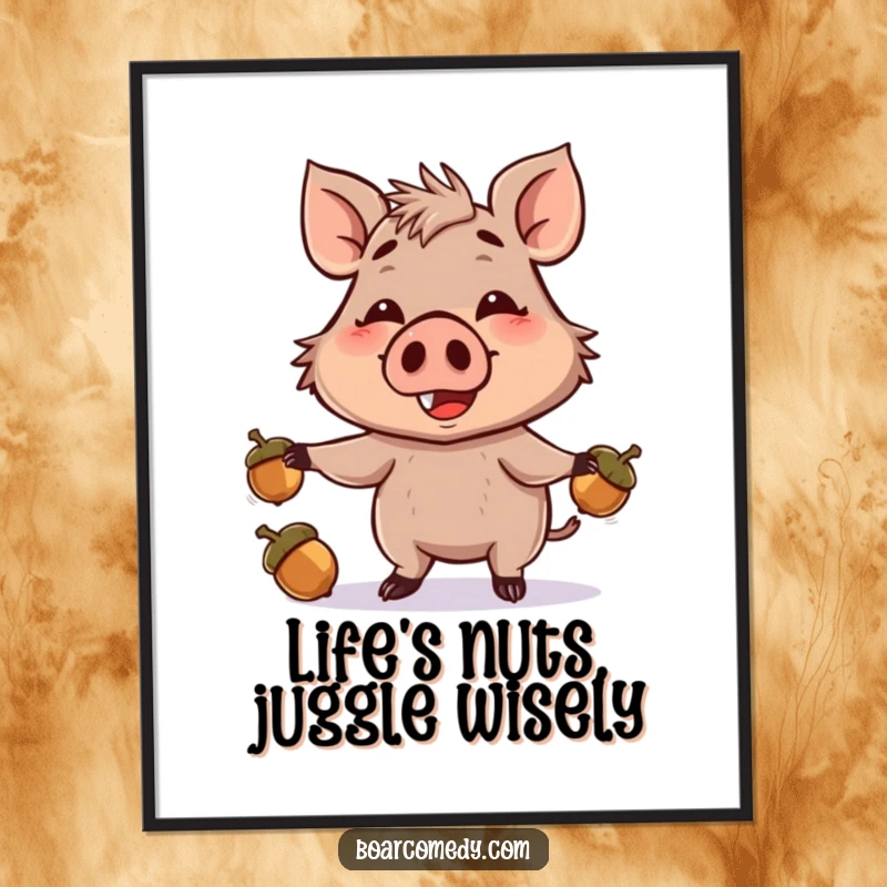 Funny Free Printable wall art of a smiling boar character playfully juggling three acorns with its snout, full of charm.