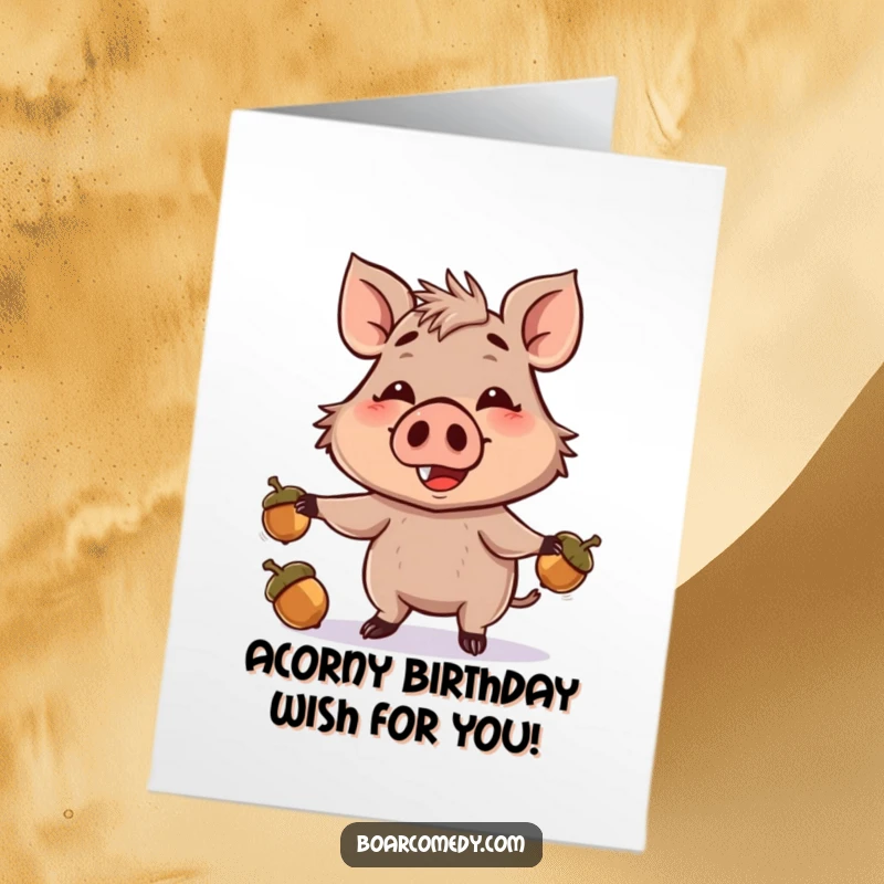 Funny Free Printable birthday card depicting a smiling boar skillfully juggling acorns with its snout, a charming sight.