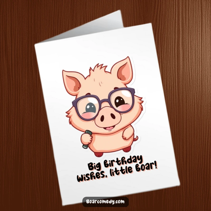 Funny Free Printable Birthday Card: A smiling boar wearing oversized glasses, holding a magnifying glass, looking for fun.