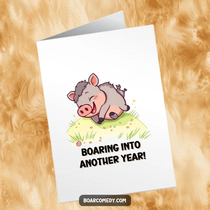 Funny Free Printable Birthday Card: Giggling kawaii boar tumbling joyfully down a green grassy hill with a wide smile.