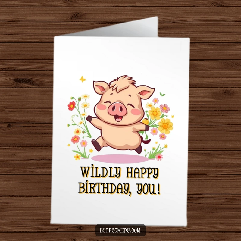 Free Printable Birthday Card: A joyful boar bounces energetically, surrounded by a delightful cascade of colorful wildflowers.