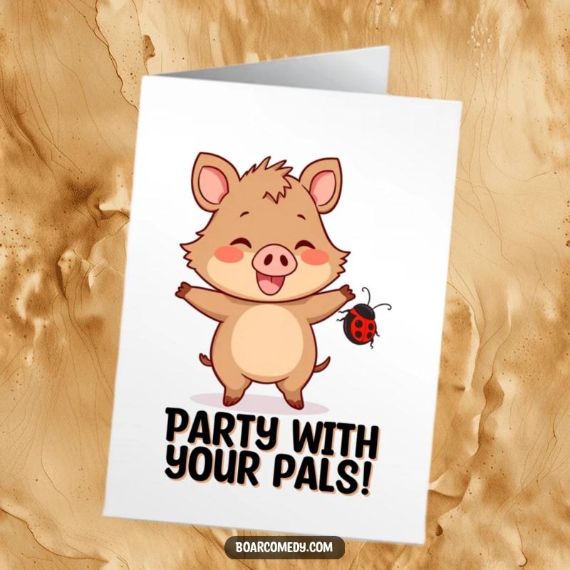 Funny Free Printable Birthday Card: Joyful kawaii boar happily dancing with its cute ladybug friend, radiating pure happiness and friendship.