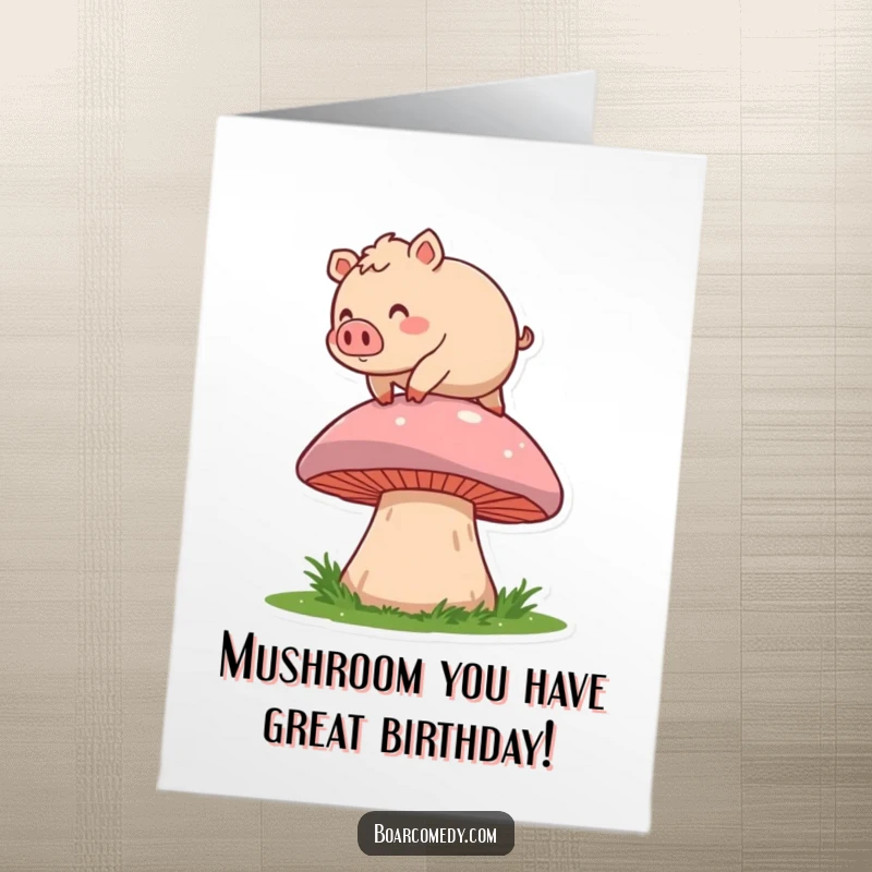 Funny Free Printable Birthday Card featuring a rosy-cheeked boar tripping adorably over a giant mushroom. A hilarious downloadable gift.