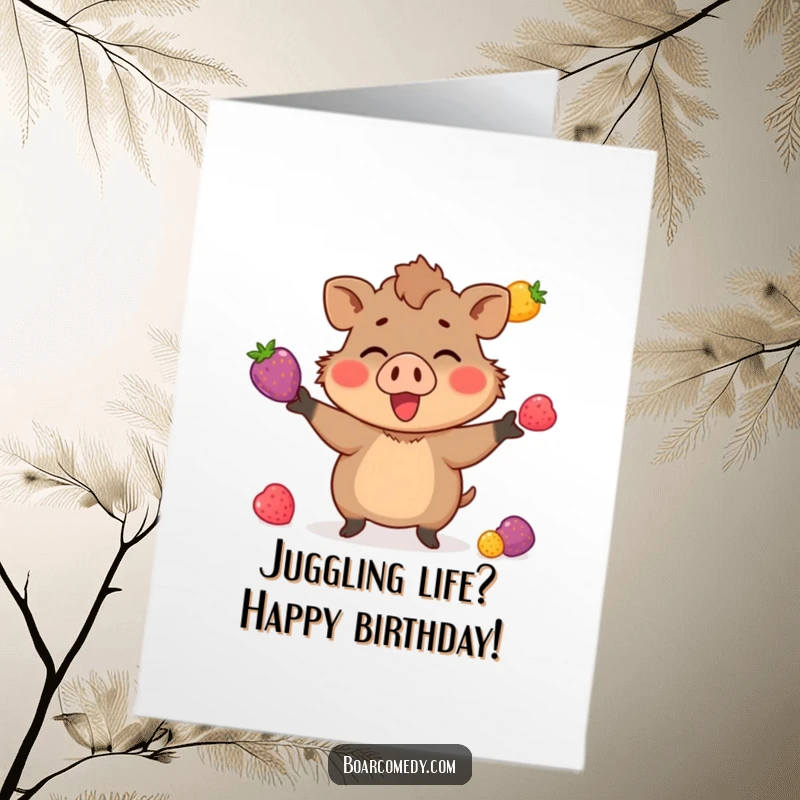 Funny Free Printable Birthday Card showing a small boar enthusiastically juggling colorful berries. A delightful and humorous downloadable gift.