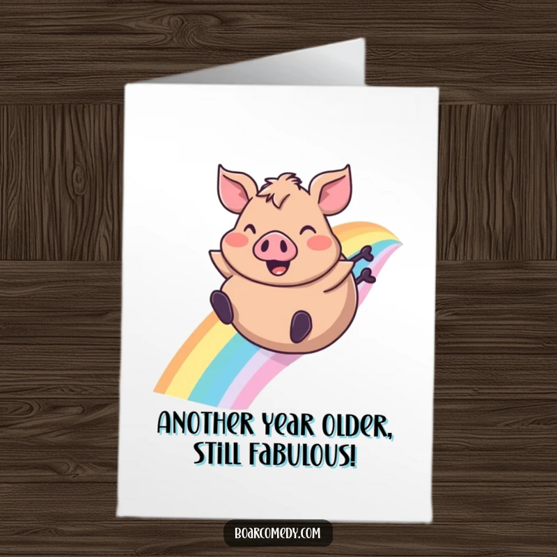 Funny Free Printable Birthday Card: Chubby boar joyfully slides down a colorful rainbow, ears flapping, pure delight.