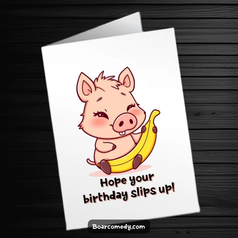 Funny Free Printable Birthday Card: A winking boar character precariously holding a comically small banana peel.